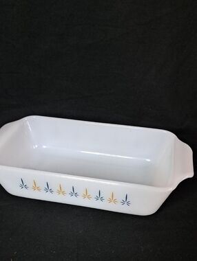 Fire King White Glass Loaf Pan with Blue & Gold Candlelight Motif